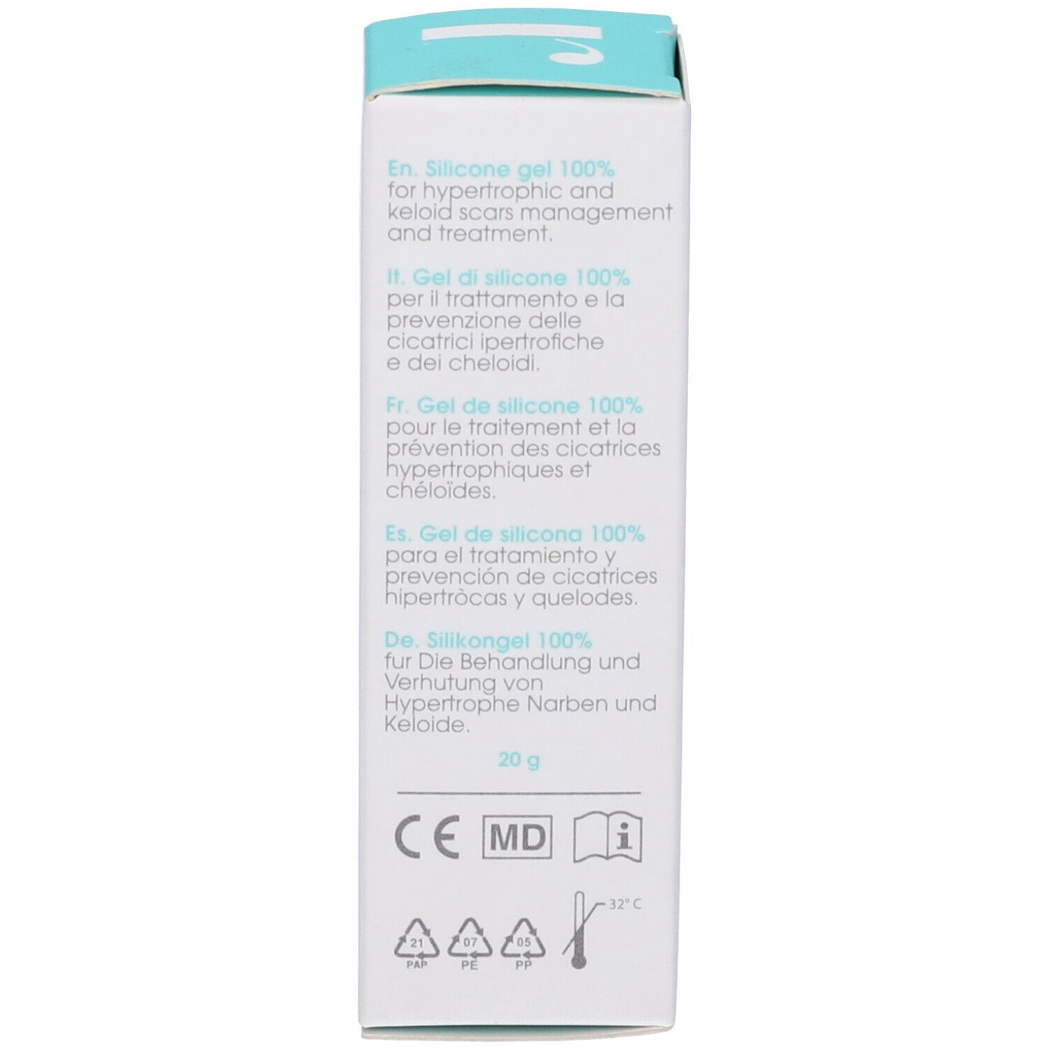 Lato della scatola di gel per cicatrici. Testo multilingue: Silicone Gel per il trattamento delle cicatrici. 20 g. Marchio CE.