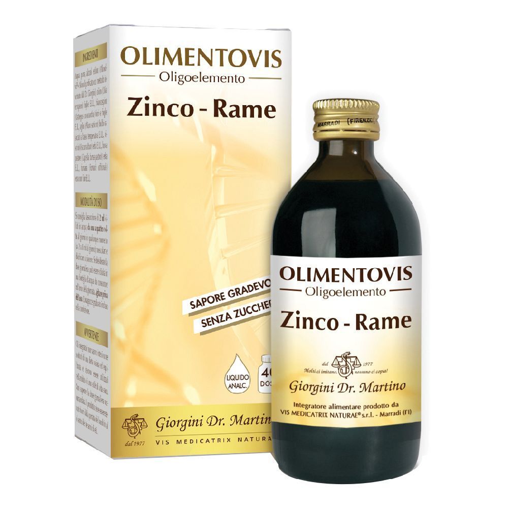 Bottiglia di vetro marrone e scatola. Scritto: Olimentovis, Zink-Rame. Fornito: 40 dosi.