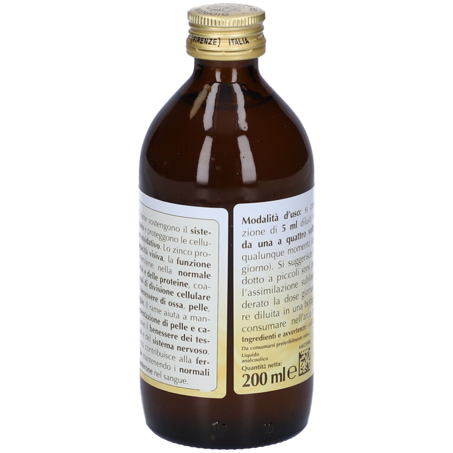 Bottiglia di vetro marrone con etichetta. Scritto: Olimentovis, Zink-Rame. Testo su ingredienti e valori nutrizionali.