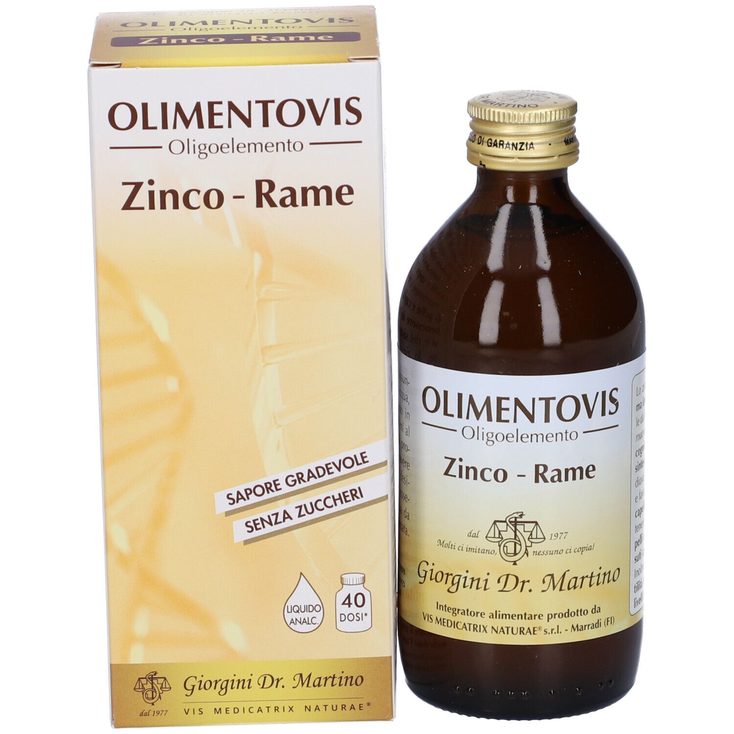 Bottiglia di vetro marrone e scatola. Scritto: Olimentovis, Zink-Rame. Fornito: 40 dosi.