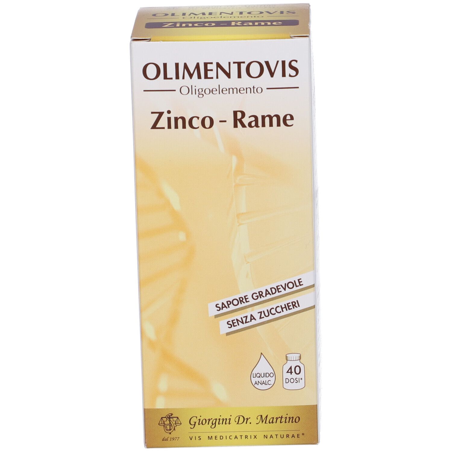 Scatola con scritto: Olimentovis, Zink-Rame. Testo: Sapore Gradevole, Senza Zuccheri. 40 dosi.