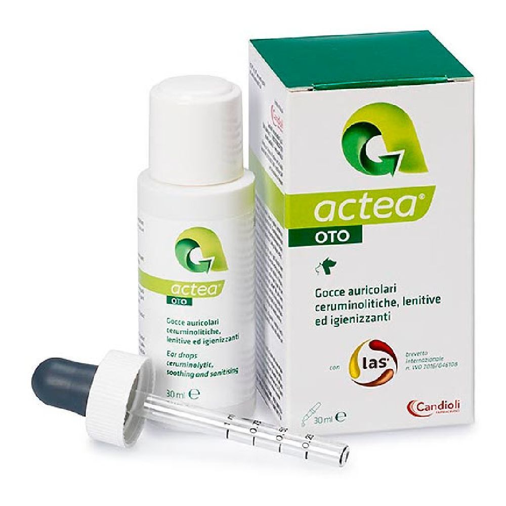 Flacone bianco e scatola con scritta verde. Contagocce e contagocce. Scritta: Actea Oto.