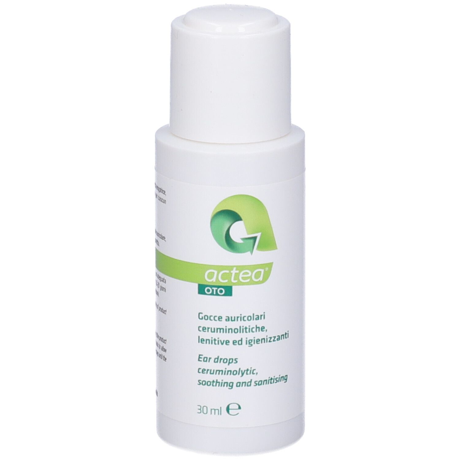 Flacone bianco con scritta verde. Scritta: Actea Oto. 30 ml.