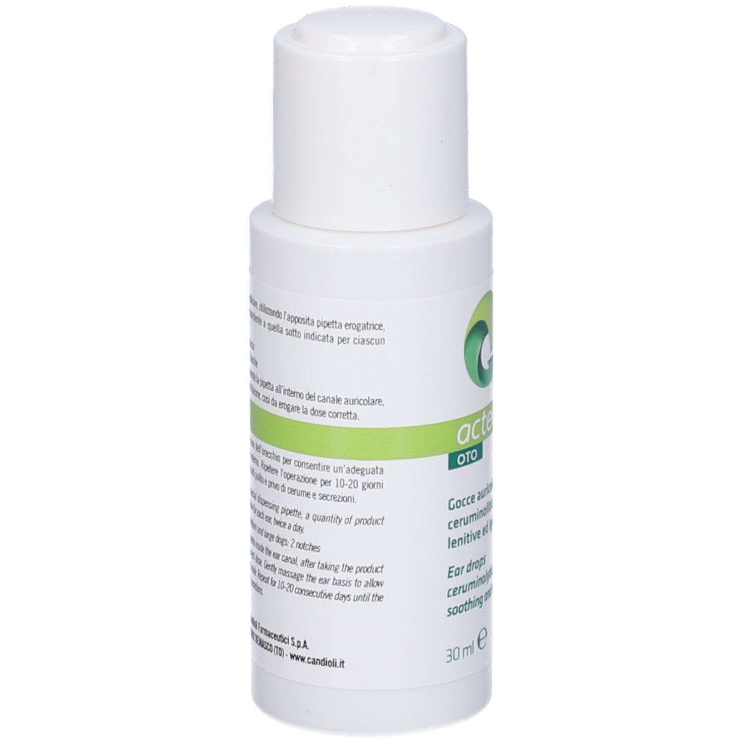 Retro del flacone bianco. Testo in italiano. Scritta: Actea Oto. 30 ml.