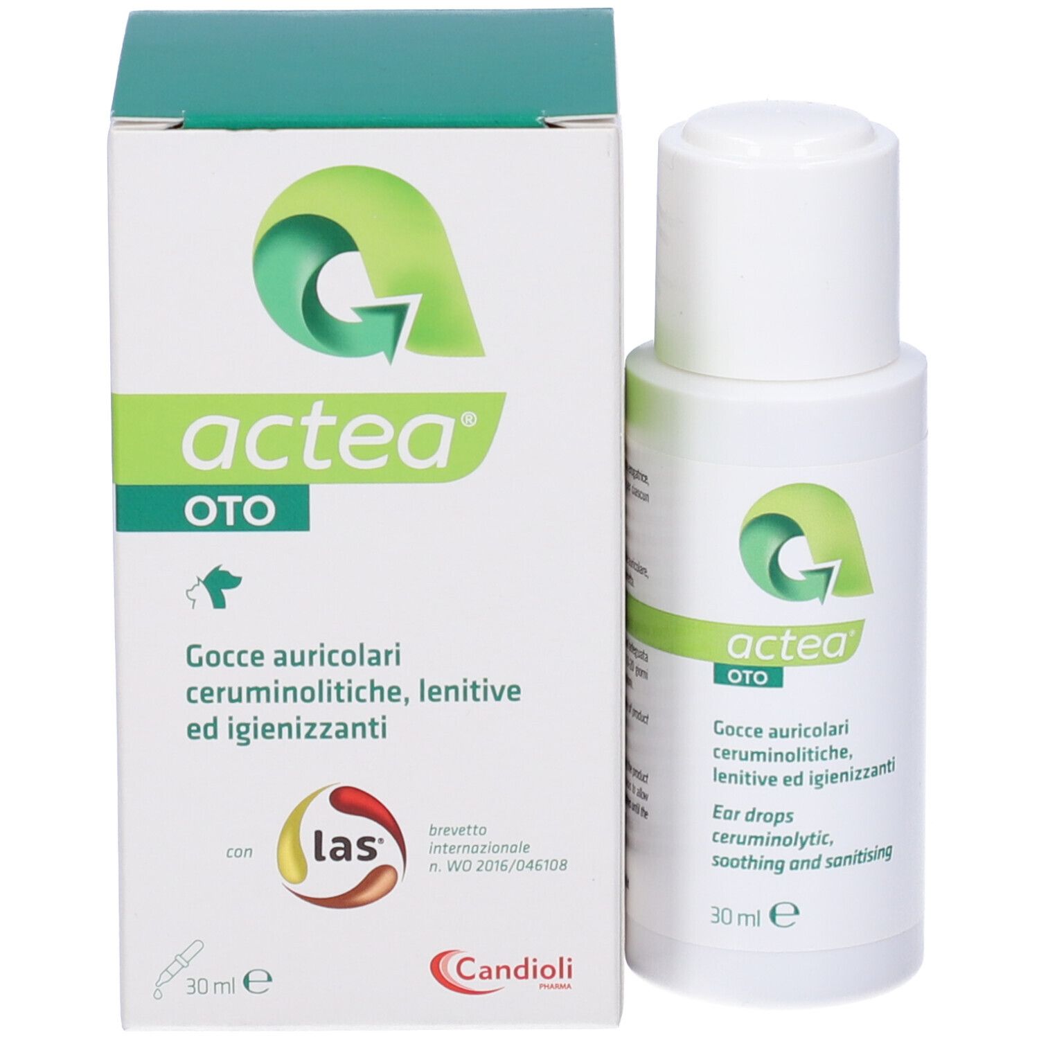 Flacone bianco e scatola con scritta verde. Scritta: Actea Oto. 30 ml.