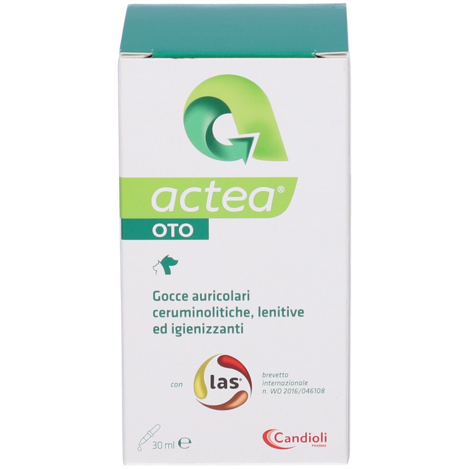 Scatola verde con scritta bianca. Scritta: Actea Oto. 30 ml.