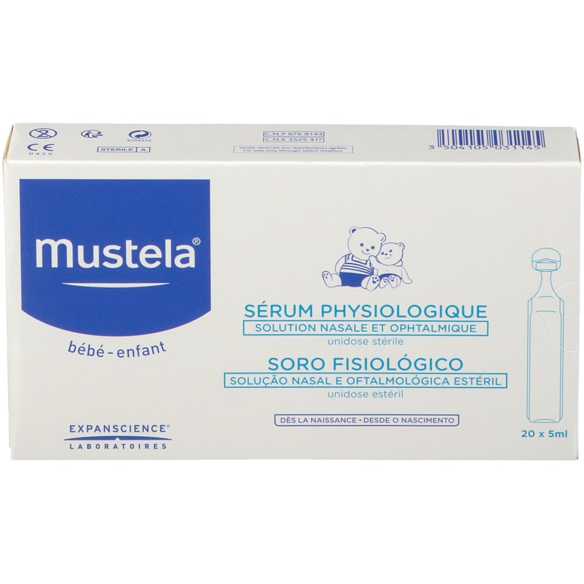Scatola di siero fisiologico Mustela. Scritto: Sérum Physiologique, Soro Fisiologico. 20 x 5ml. Per neonati e bambini.