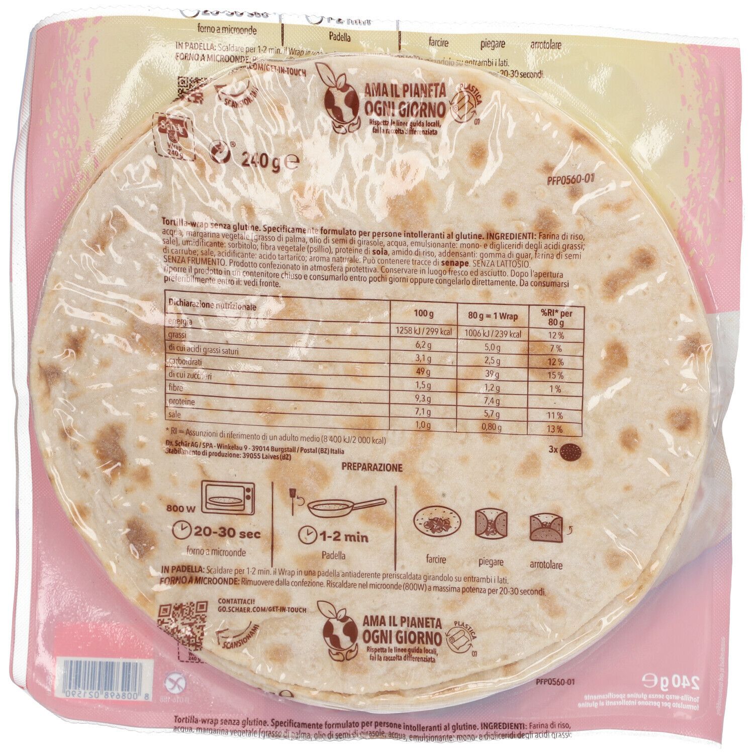 Wraps Schär confezionati, senza glutine. Forma rotonda, informazioni nutrizionali e istruzioni per la preparazione. Testo: senza glutine, 240g.