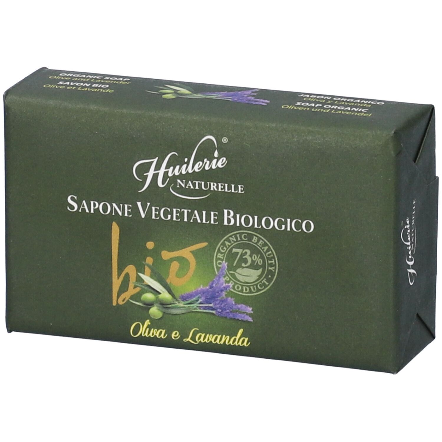 Saponetta verde con scritta: Huilerie Naturelle, Sapone Vegetale Biologico, motivo oliva e lavanda.