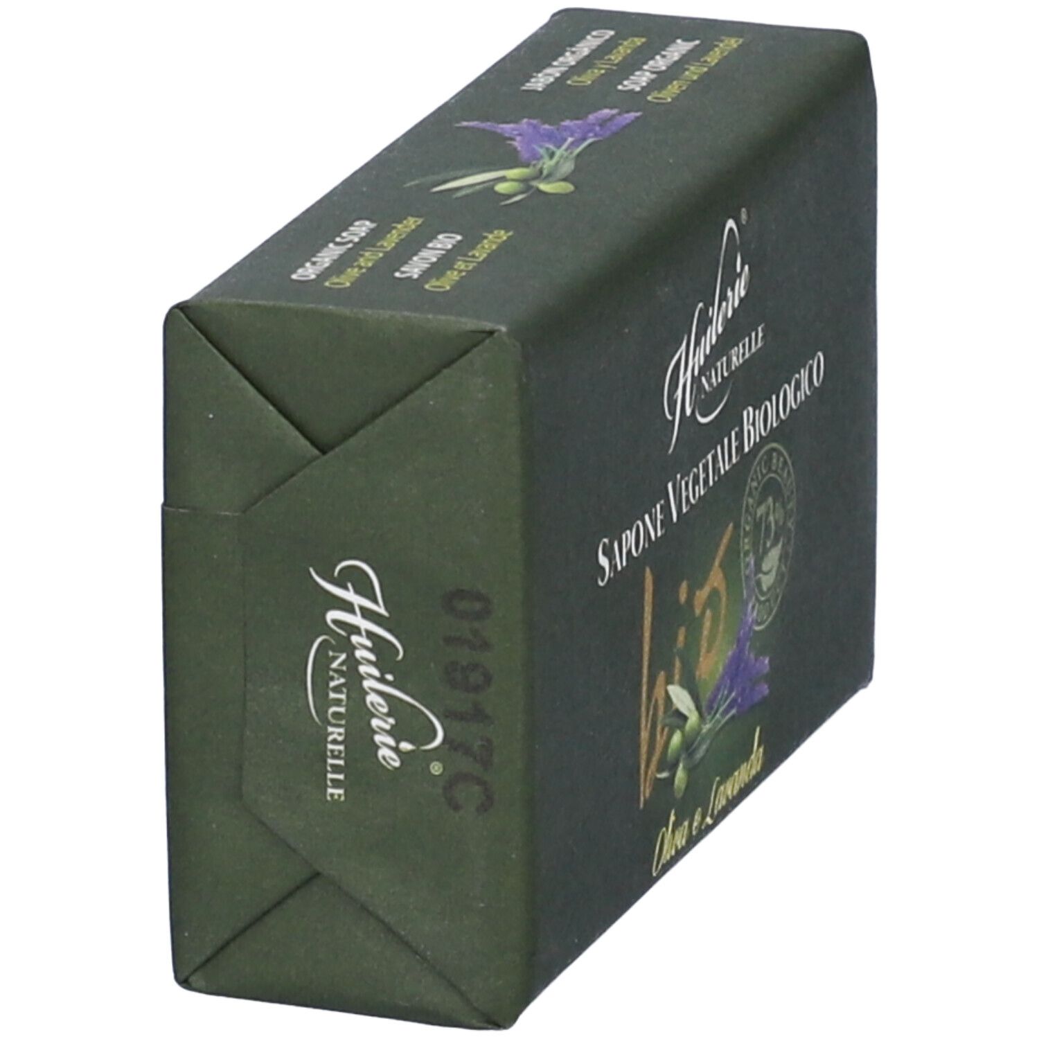 Saponetta verde, in diagonale. Scritta: Huilerie Naturelle, Sapone Vegetale Biologico, motivo oliva e lavanda.
