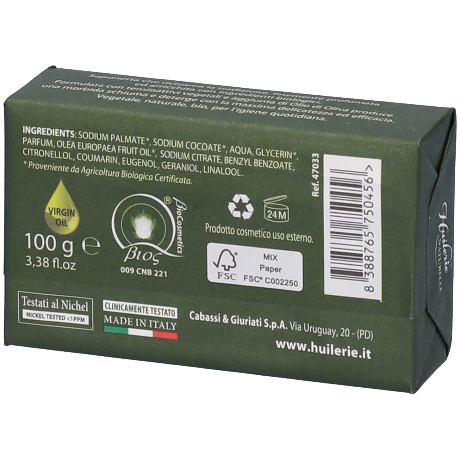 Retro della saponetta verde. Testo: ingredienti, 100 g, certificazione bio, logo FSC.