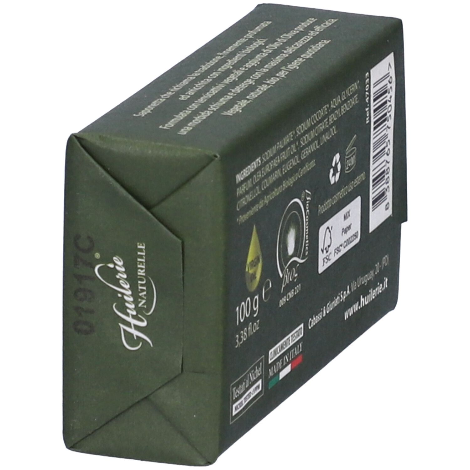 Saponetta verde, in diagonale. Retro con testo: ingredienti, 100 g, certificazione bio, logo FSC.