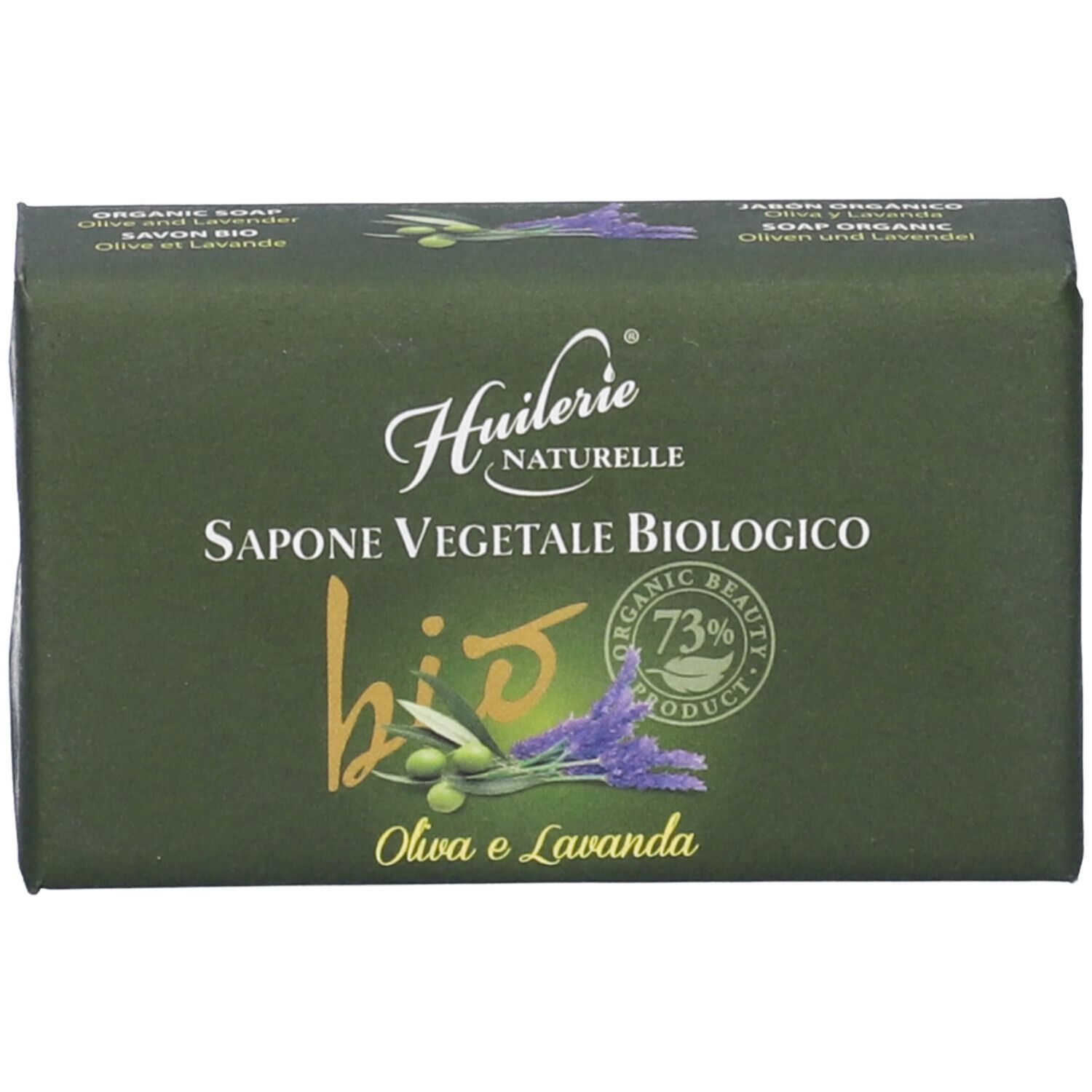 Saponetta verde con scritta: Huilerie Naturelle, Sapone Vegetale Biologico, motivo oliva e lavanda.