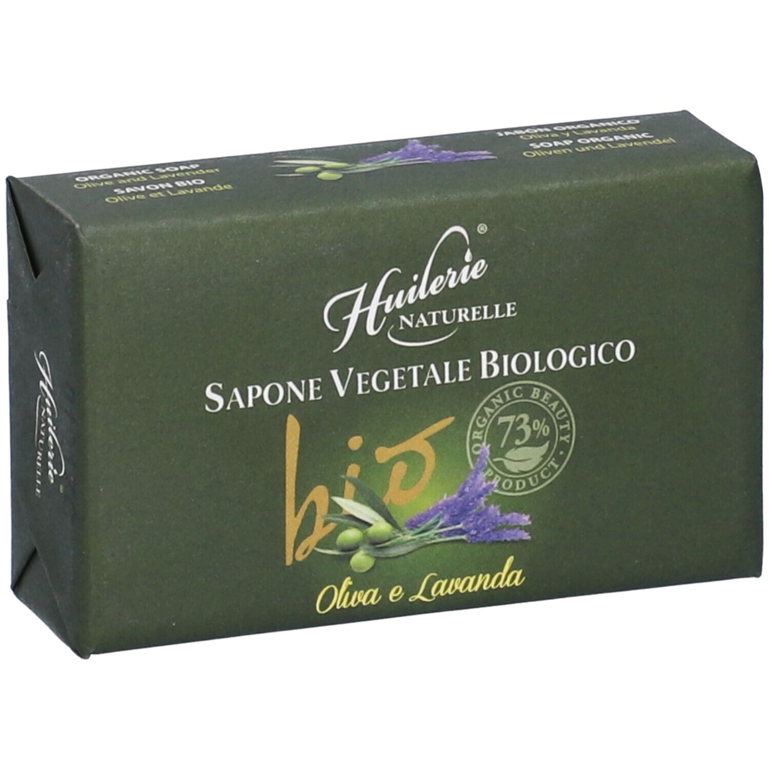 Saponetta verde con scritta: Huilerie Naturelle, Sapone Vegetale Biologico, motivo oliva e lavanda.