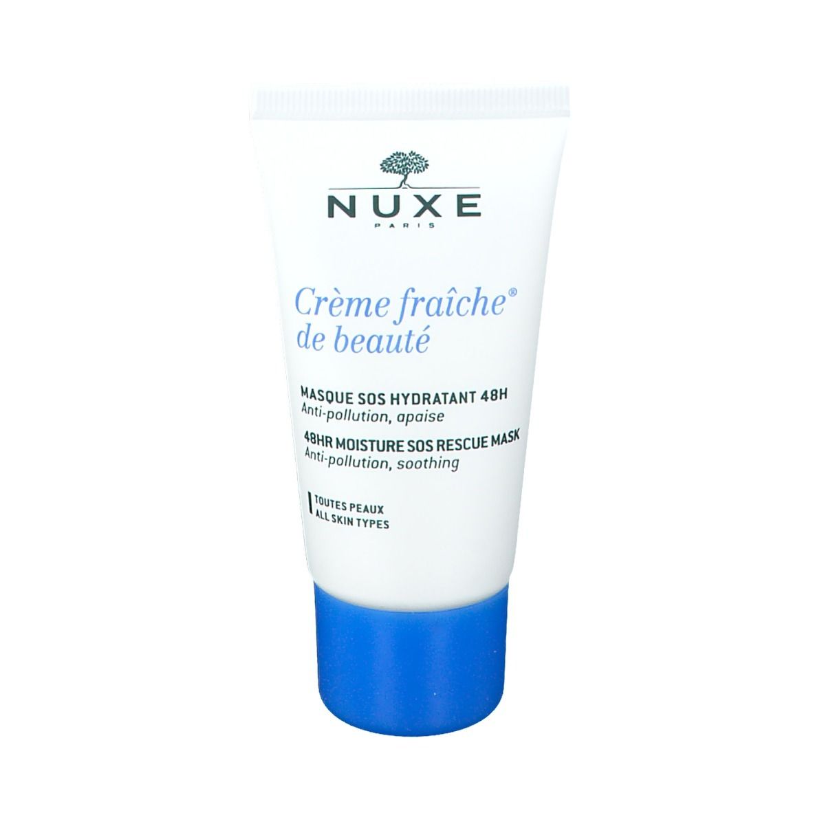 Tube blanc avec bouchon bleu. Inscription : Nuxe Paris, Crème fraîche de beauté, Masque SOS hydratant 48H. Pour tous types de peaux.