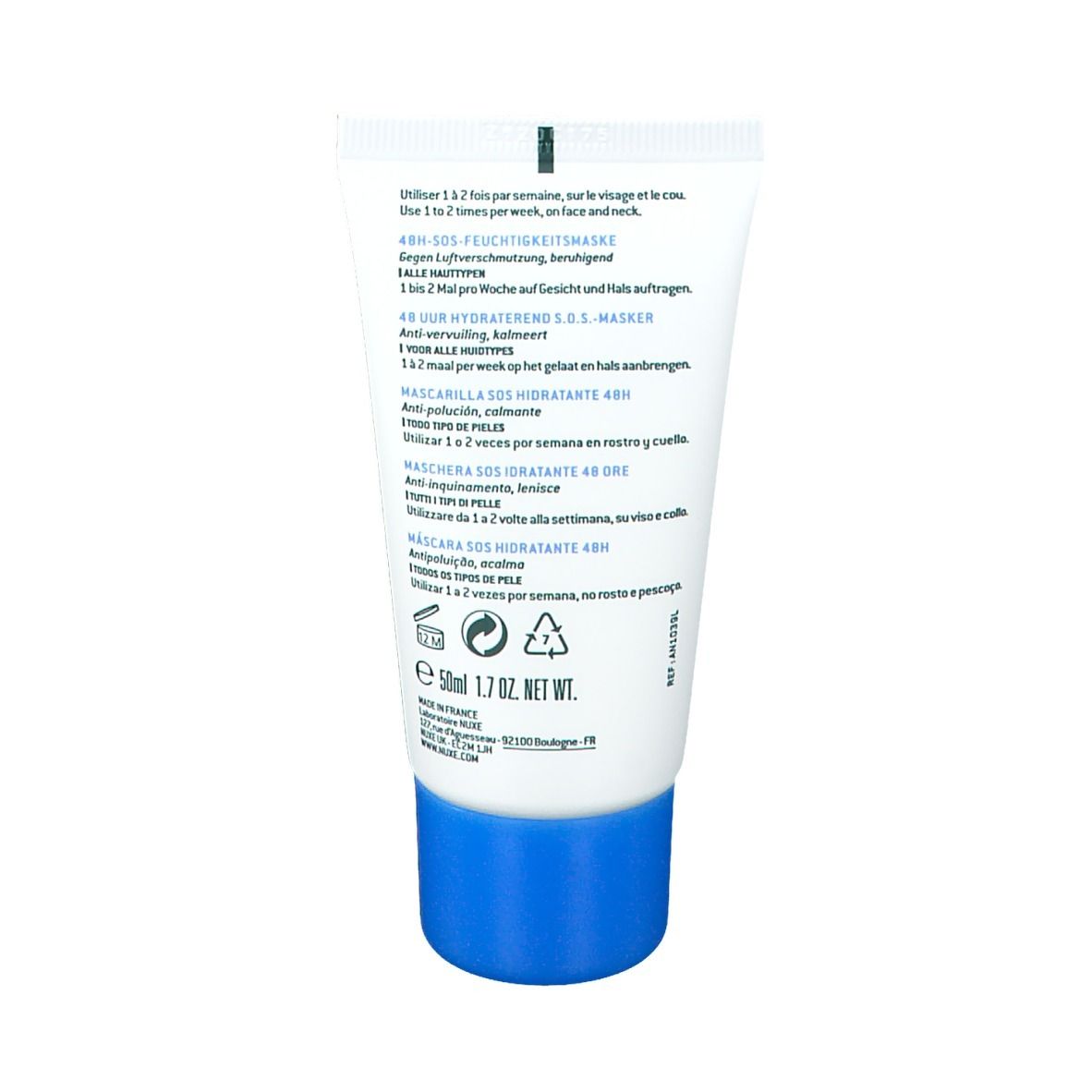 Dos du tube avec informations produit en plusieurs langues. Bouchon bleu. Texte : Masque SOS hydratant 48H.