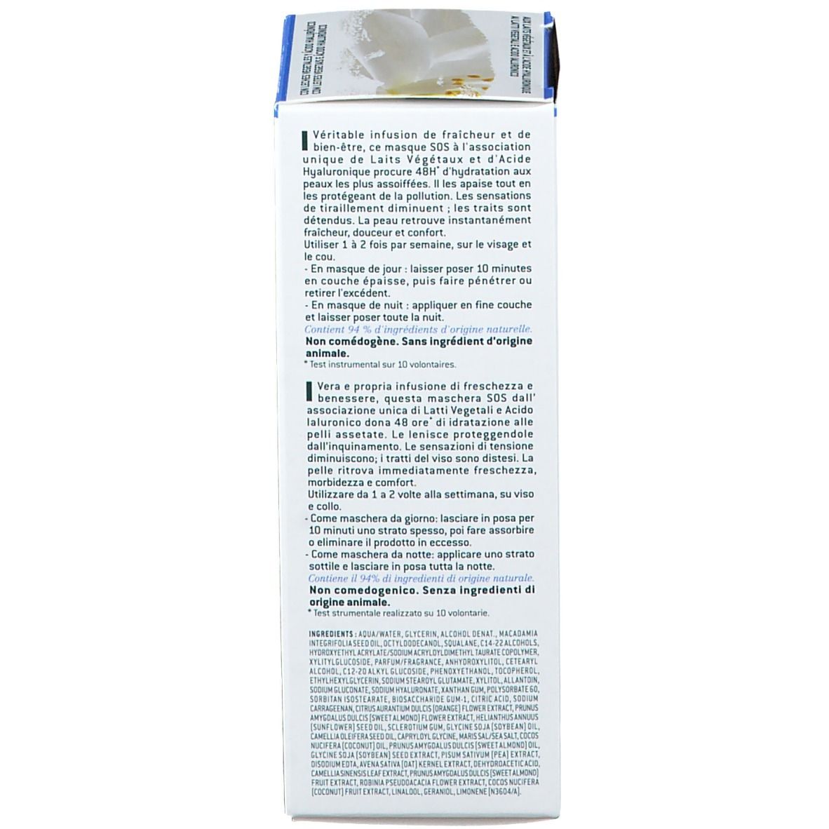 Dos de l'emballage avec informations produit. Texte en français. Contient ingrédients et instructions d'utilisation.
