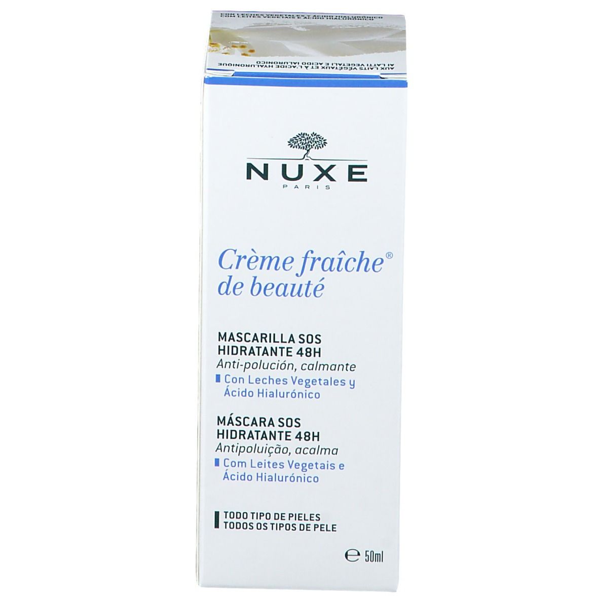 Emballage du produit. Inscription : Nuxe Paris, Crème fraîche de beauté, Masque SOS hydratant 48H. Pour tous types de peaux.