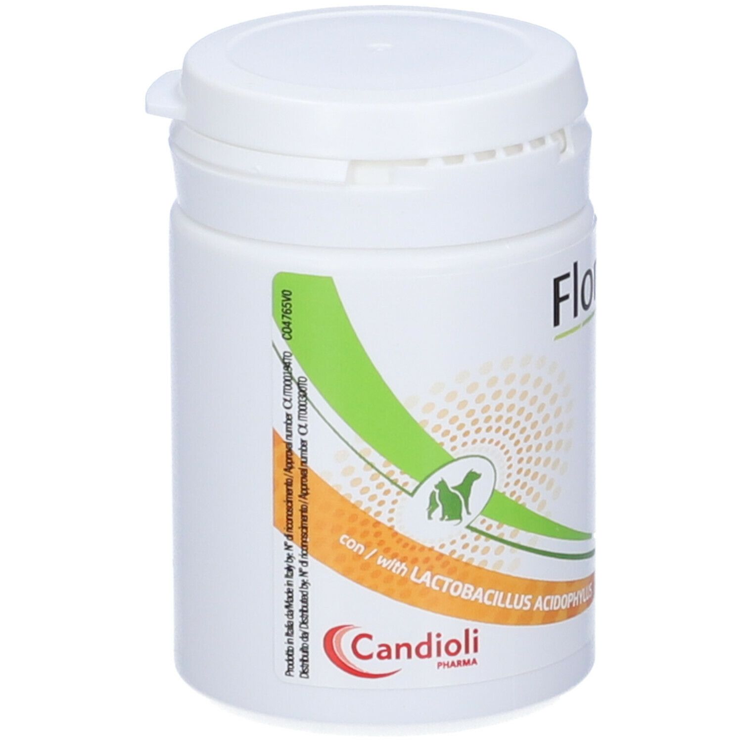 Weiße Dose mit Florentero ACT. Aufschrift: con/with Lactobacillus Acidophilus. Candoli Pharma Logo. Grün-orangefarbenes Design.