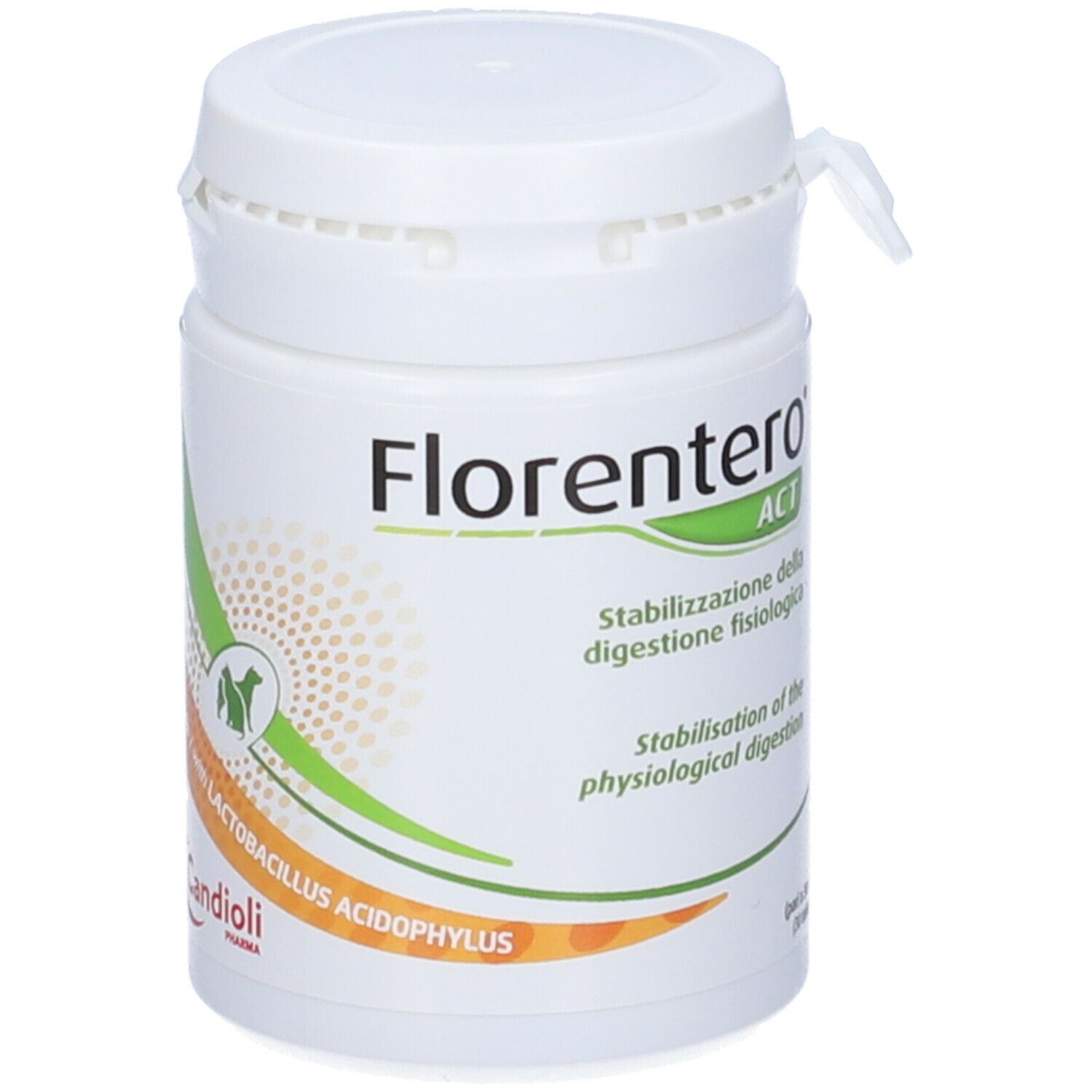 Weiße Dose mit Florentero ACT. Aufschrift: Stabilisierung der Verdauung. Candoli Pharma Logo. Grün-orangefarbenes Design.