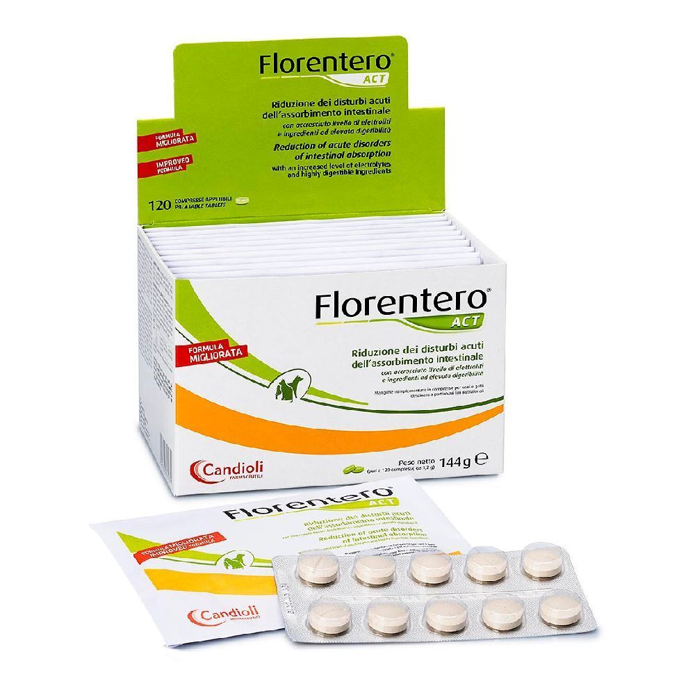 Verpackung mit Tabletten. Aufschrift: Florentero ACT. 120 Tabletten. Blisterpackung mit Tabletten.
