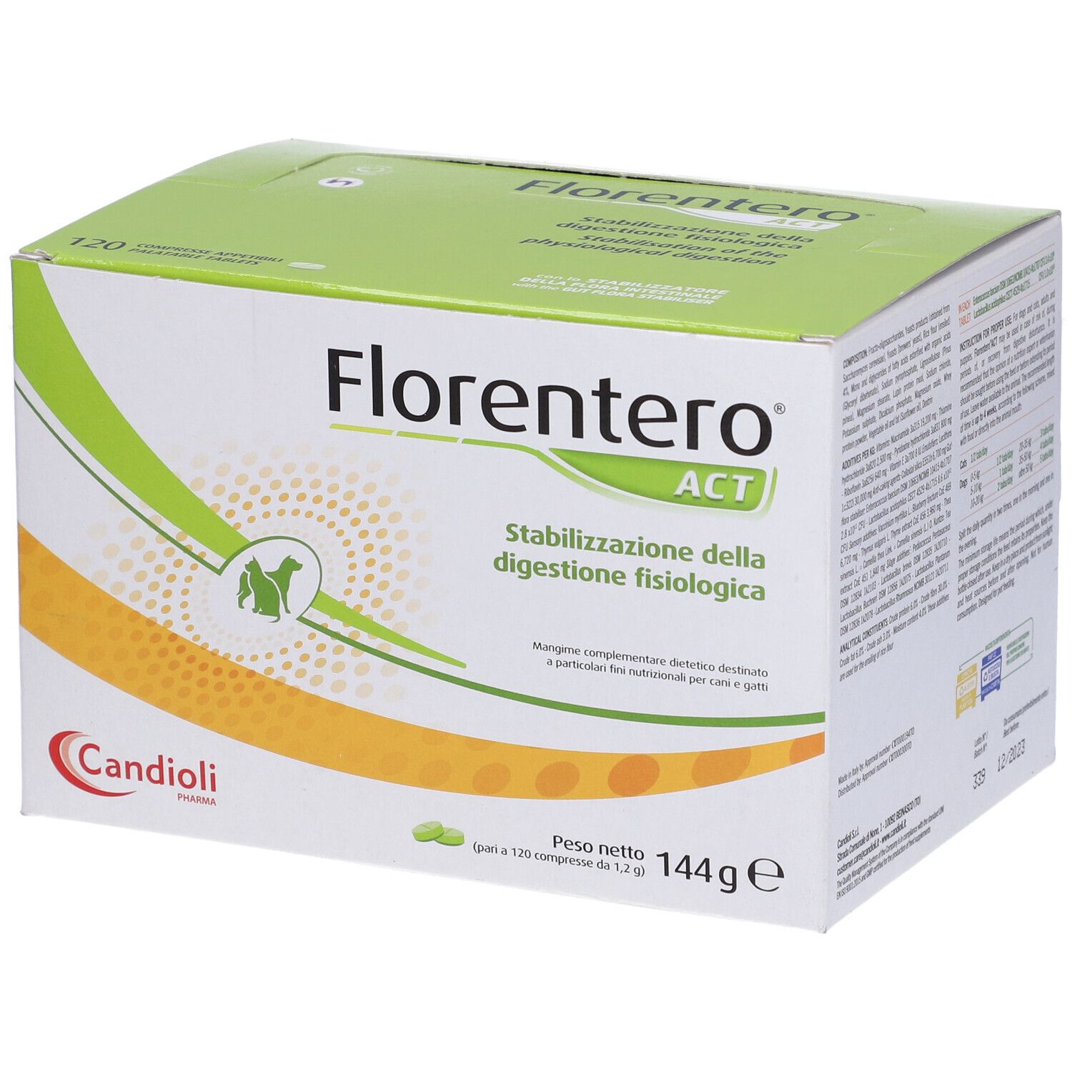 Schachtel mit Tabletten. Aufschrift: Florentero ACT. Stabilisierung der physiologischen Verdauung. Logo Candoli.