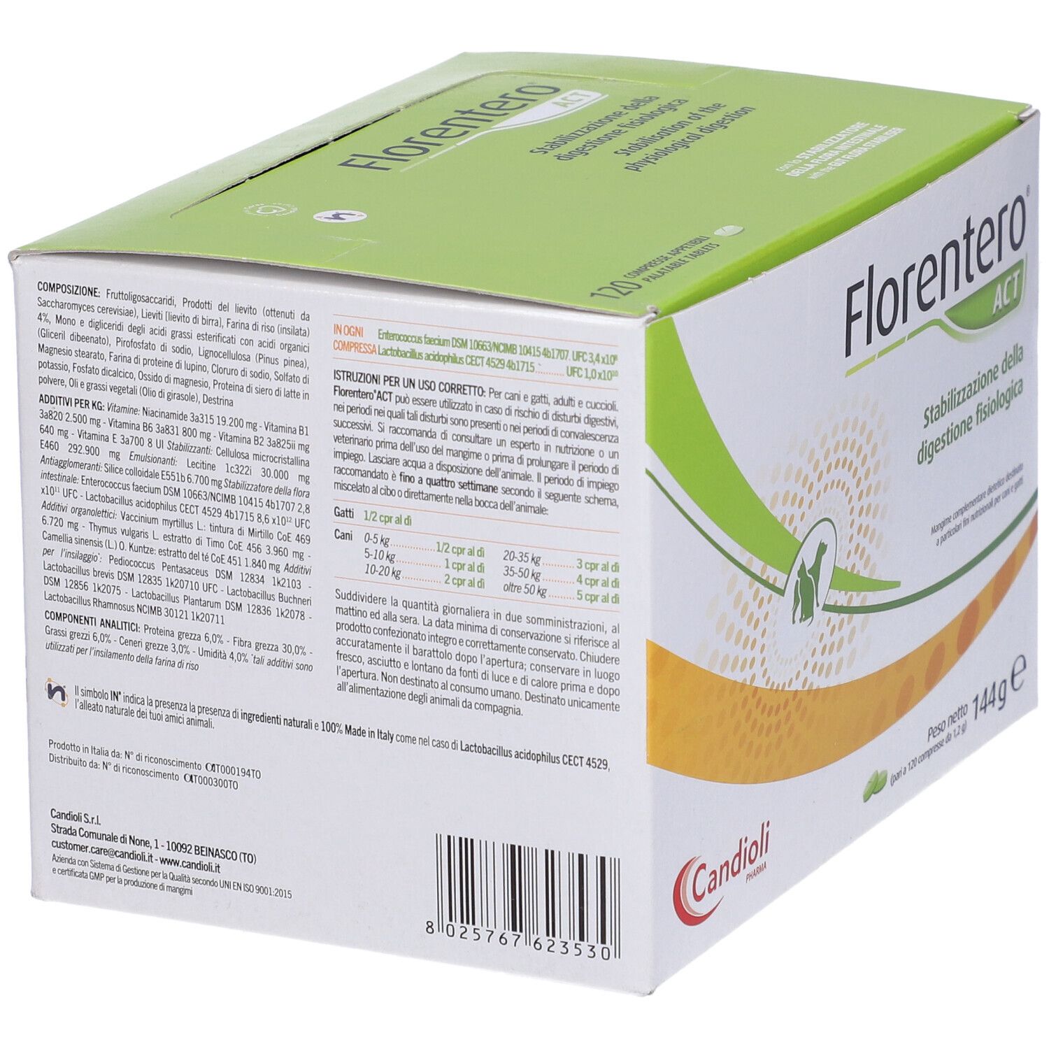 Schachtel mit Tabletten. Aufschrift: Florentero ACT. Stabilisierung der physiologischen Verdauung. Logo Candoli. Inhaltsstoffe.