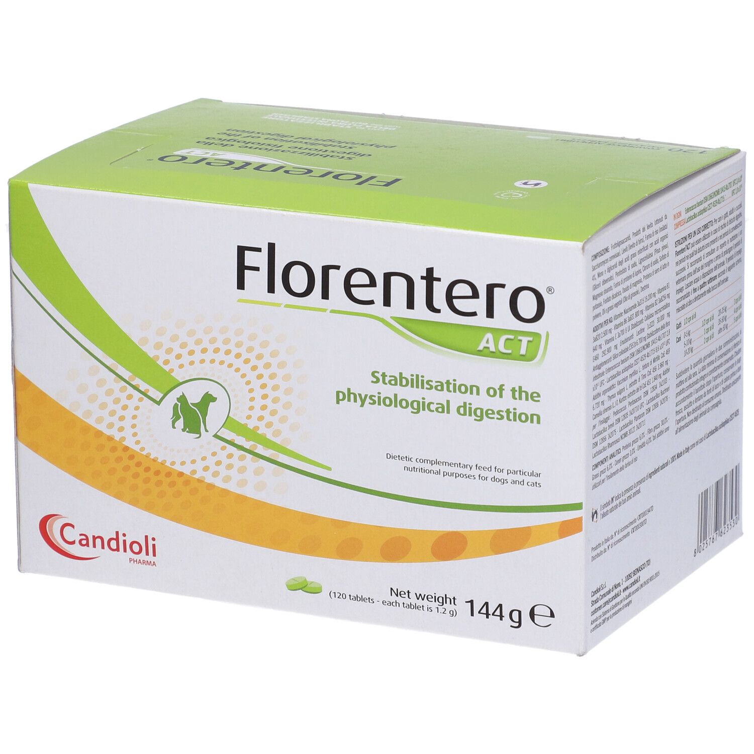Schachtel mit Tabletten. Aufschrift: Florentero ACT. Stabilisierung der physiologischen Verdauung. Logo Candoli. Gebrauchsanweisung.