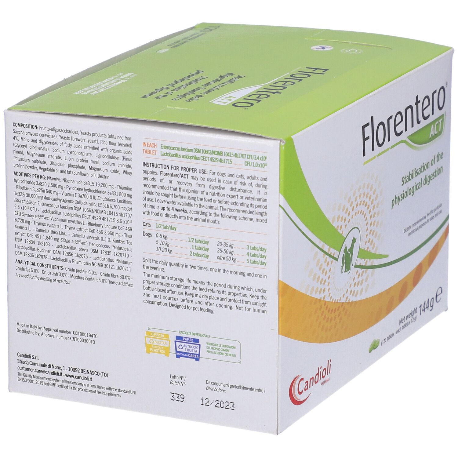 Schachtel mit Tabletten. Aufschrift: Florentero ACT. Stabilisierung der physiologischen Verdauung. Logo Candoli. Gebrauchsanweisung.