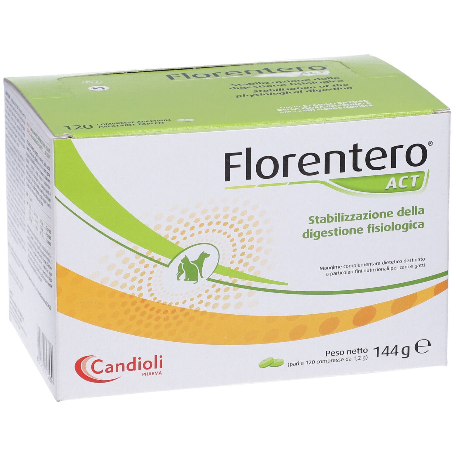Schachtel mit Tabletten. Aufschrift: Florentero ACT. Stabilisierung der physiologischen Verdauung. Logo Candoli.