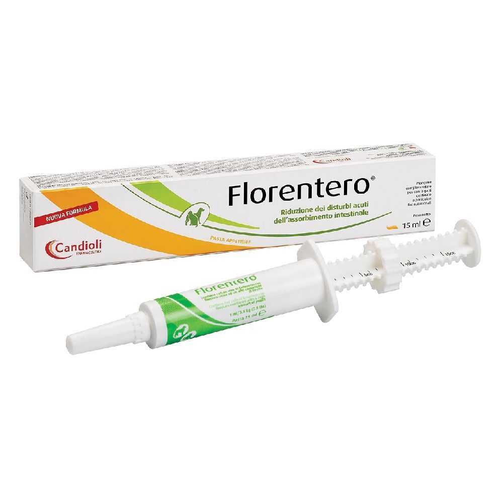 Verpackung und Spritze mit Produktnamen FLORENTERO®. Aufschrift: Reduzierung der akuten intestinalen Absorptionsstörungen.