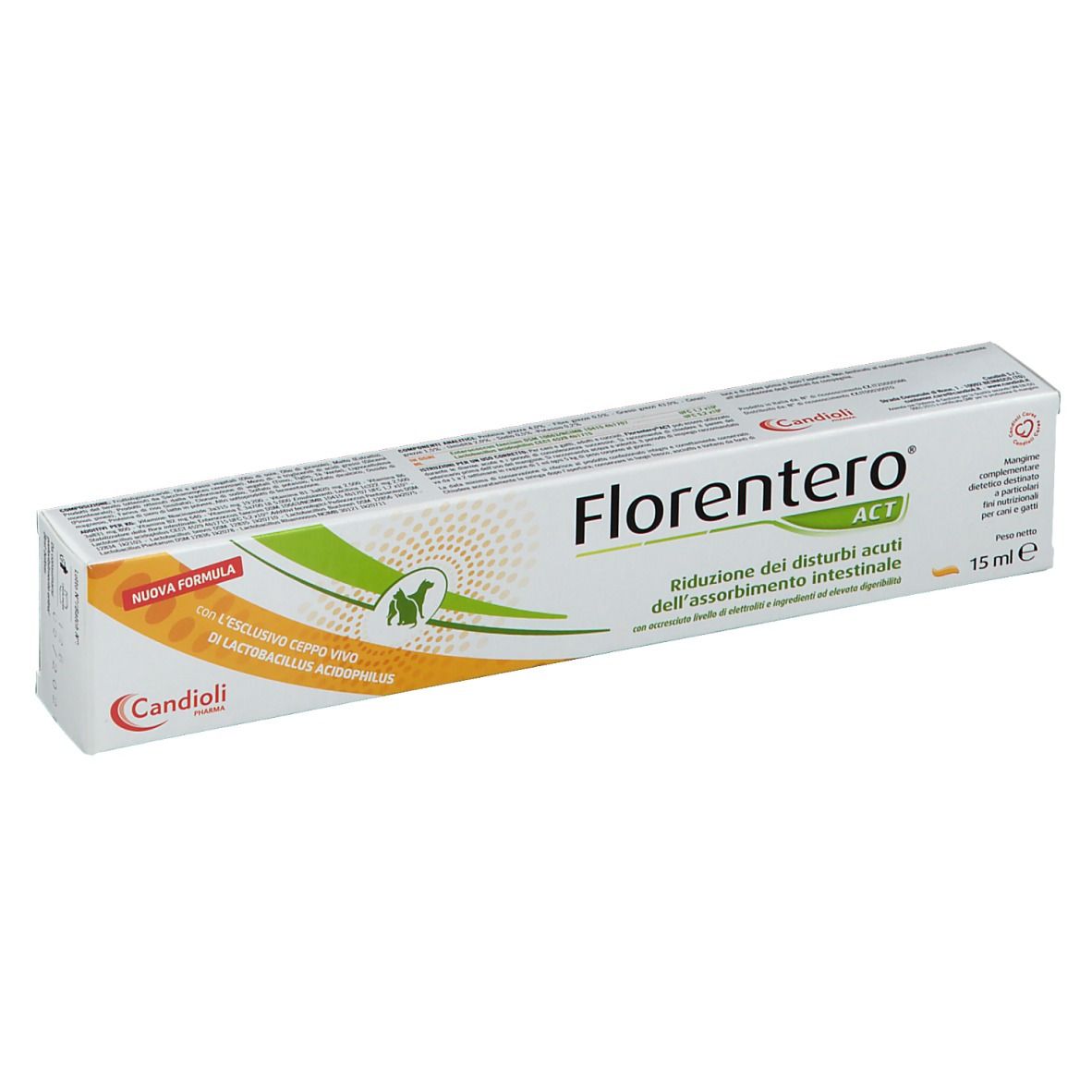 Verpackung von FLORENTERO® ACT. Aufschrift: Reduzierung der akuten intestinalen Absorptionsstörungen. 15 ml.