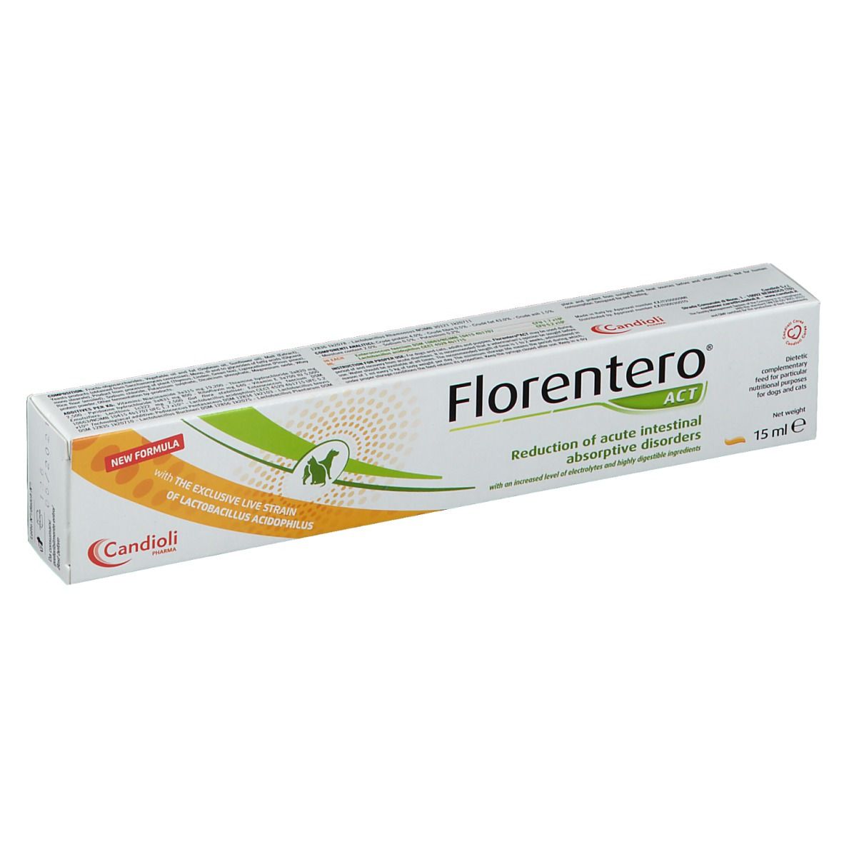 Verpackung von FLORENTERO® ACT. Aufschrift: Reduzierung der akuten intestinalen Absorptionsstörungen. 15 ml.