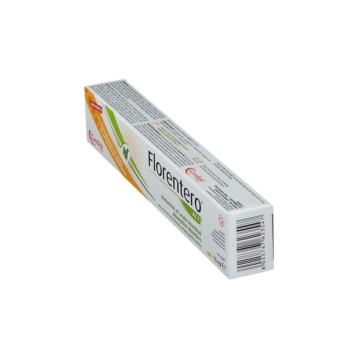 Verpackung von FLORENTERO® ACT. Aufschrift: Reduzierung der akuten intestinalen Absorptionsstörungen. 15 ml.