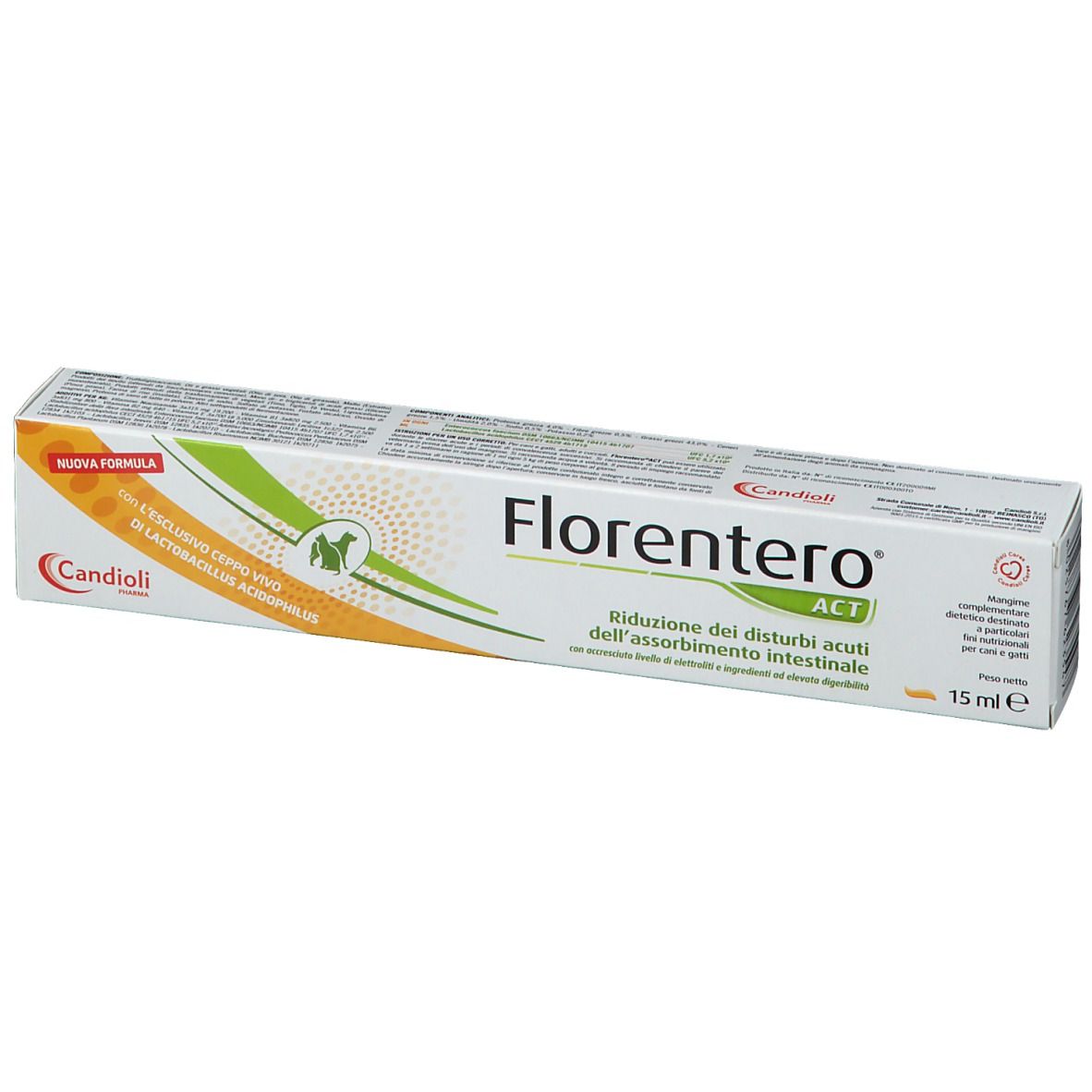 Verpackung von FLORENTERO® ACT. Aufschrift: Reduzierung der akuten intestinalen Absorptionsstörungen. 15 ml.