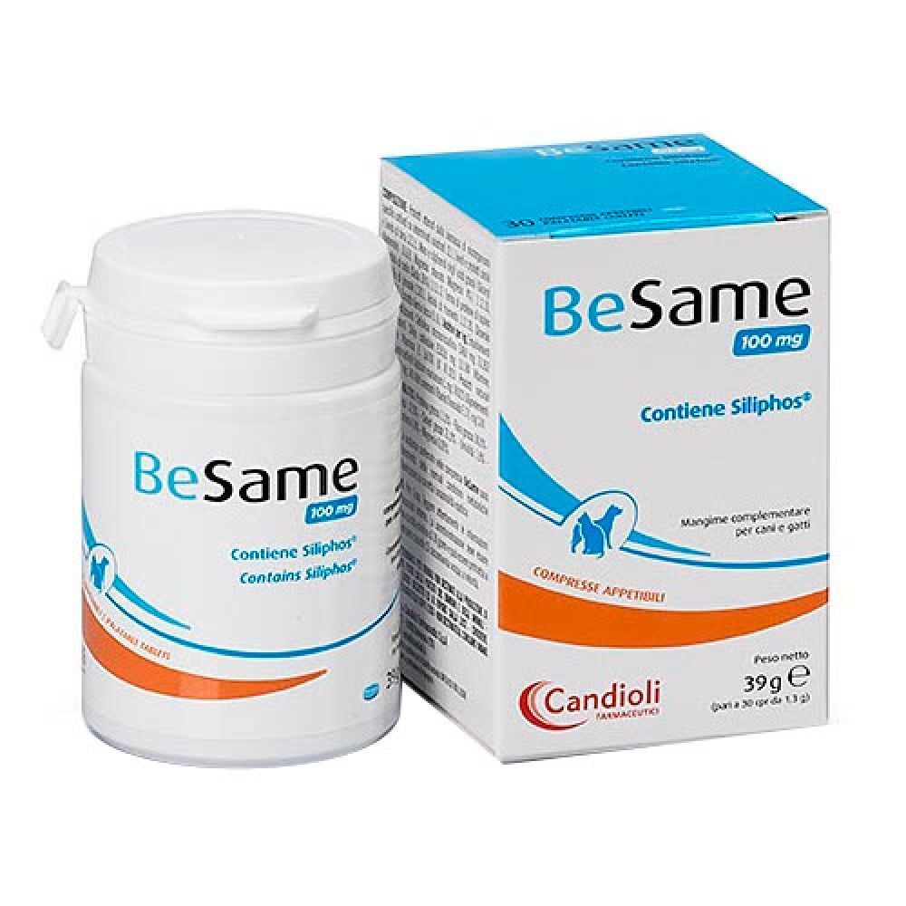 Flacone e scatola di compresse bianche. Scritta: BeSame 100, Contiene Siliphos. Marchio: Candioli Pharma.
