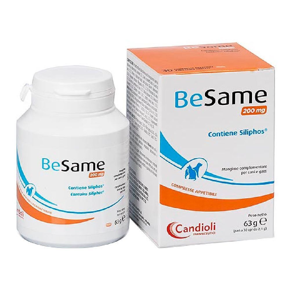 Weiße Flasche und Schachtel mit Produktnamen BeSame 200. Enthält Siliphos. Marke Candoli.