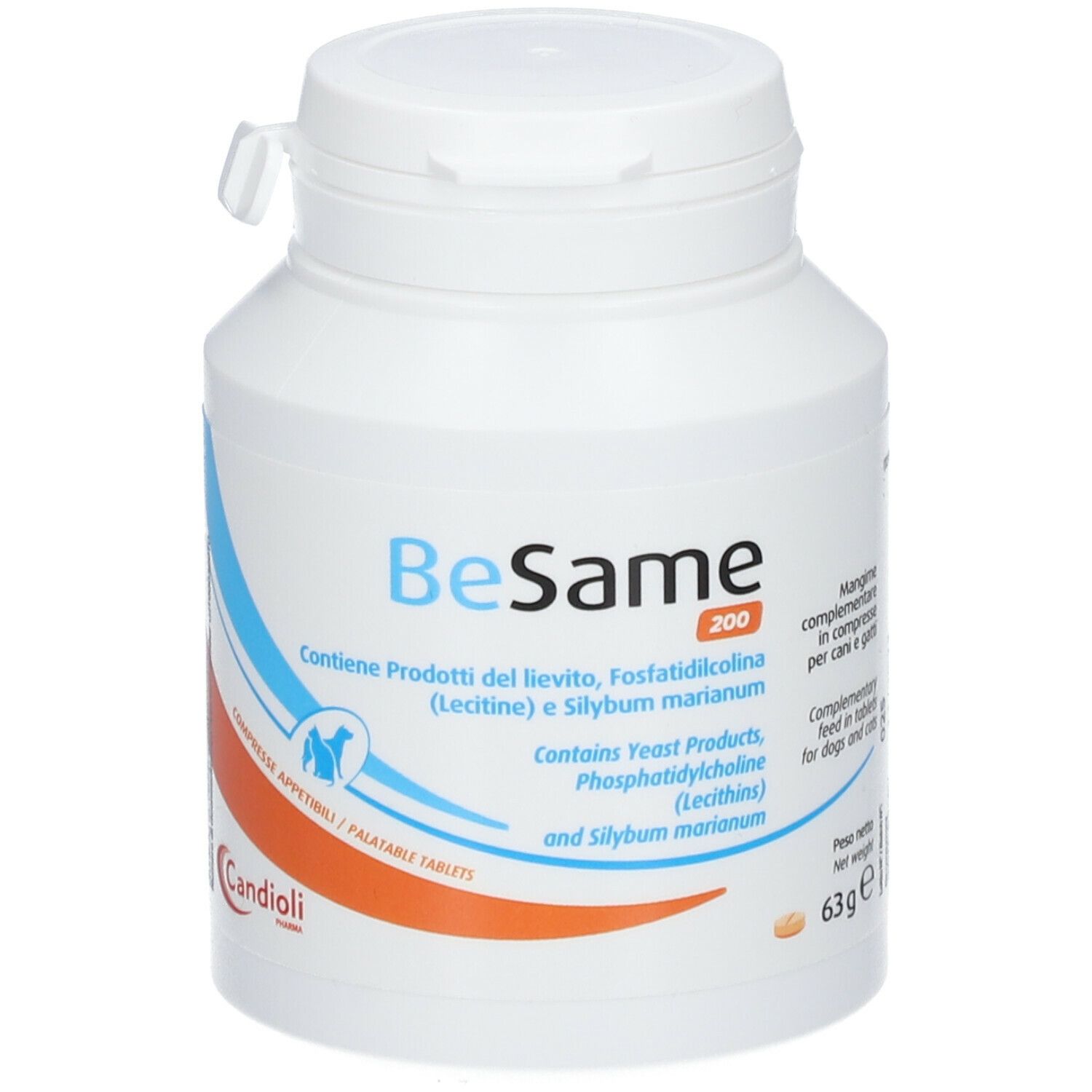 Weiße Flasche BeSame 200. Enthält Hefe, Lecithin und Mariendistel. 63g. Marke Candoli.