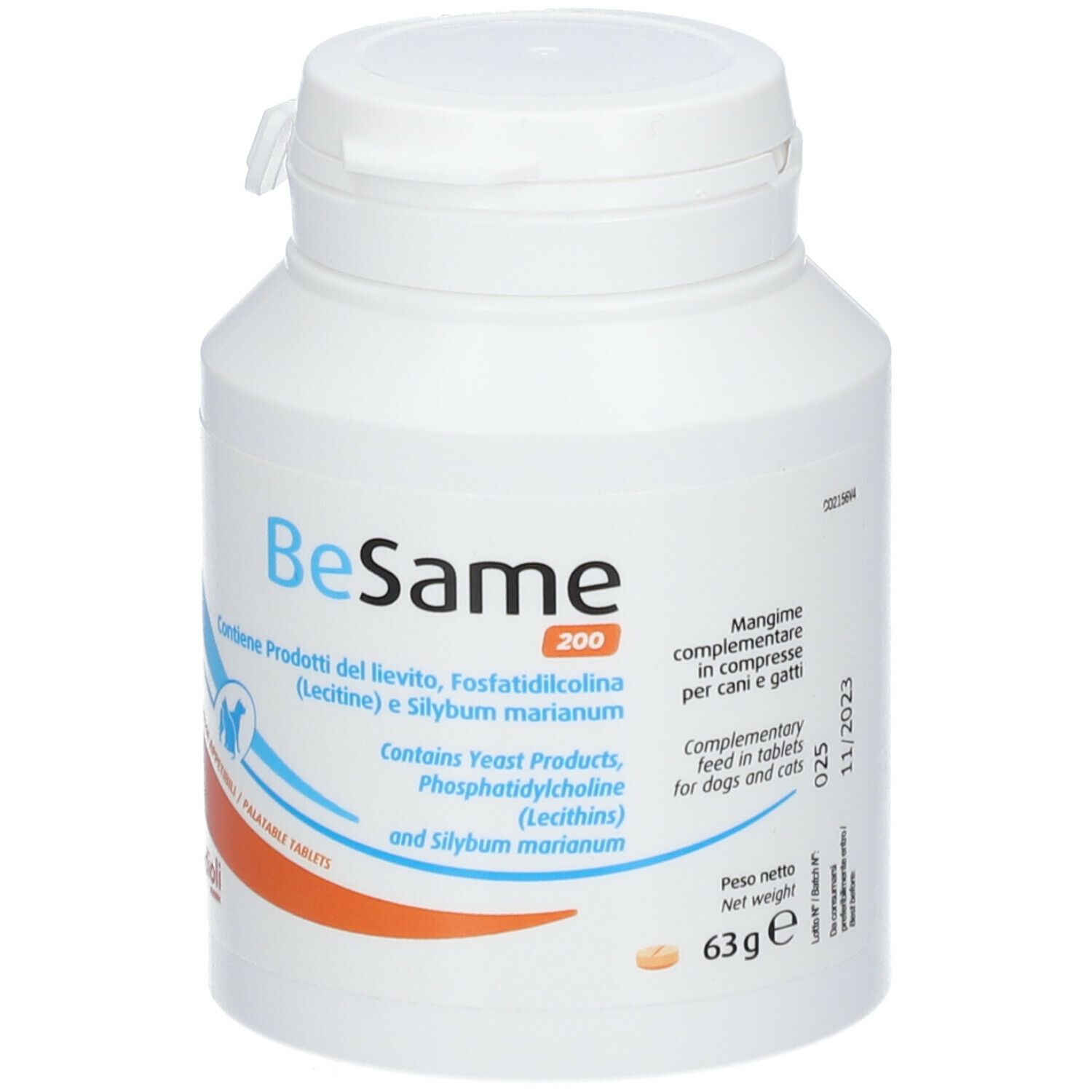 Weiße Flasche BeSame 200. Enthält Hefe, Lecithin und Mariendistel. 63g. Marke Candoli.