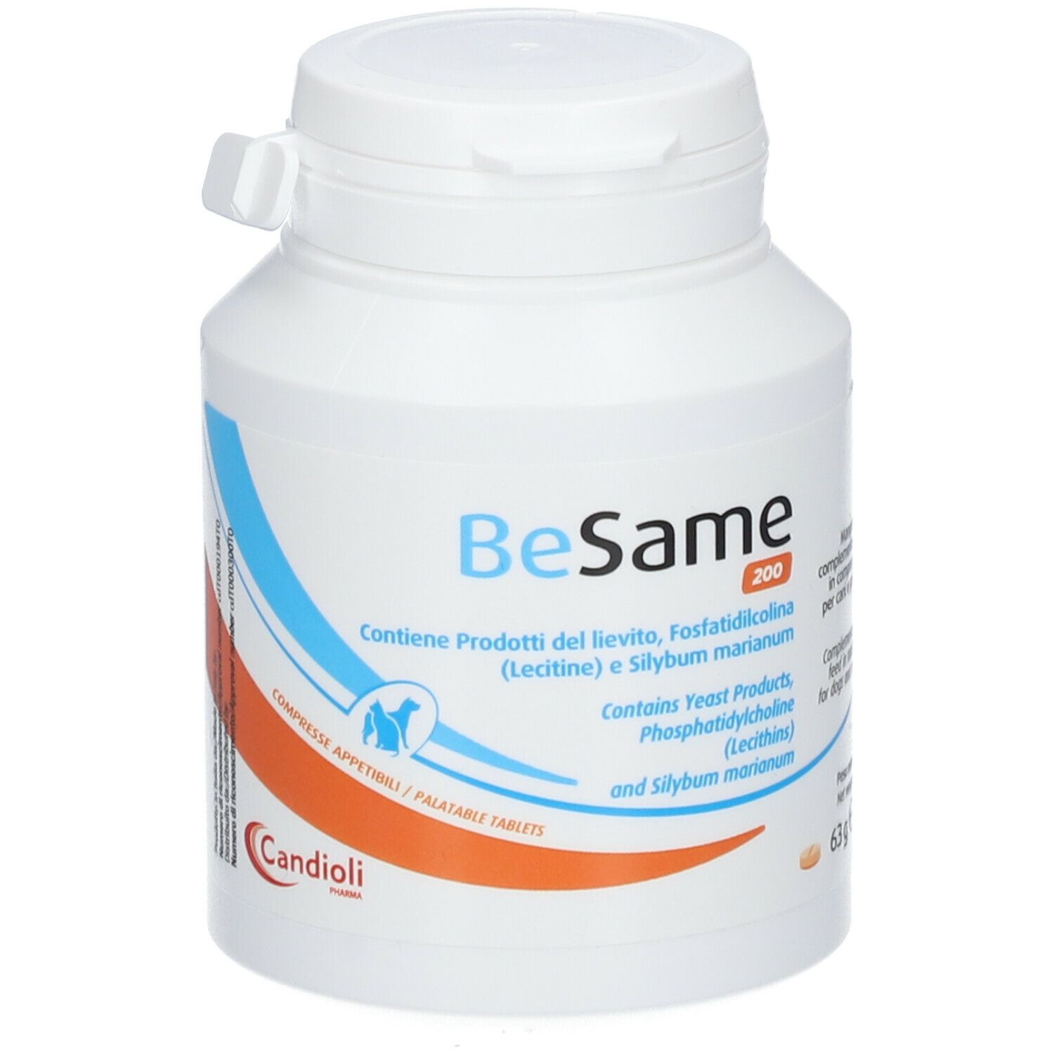 Weiße Flasche BeSame 200. Enthält Hefe, Lecithin und Mariendistel. Marke Candoli.