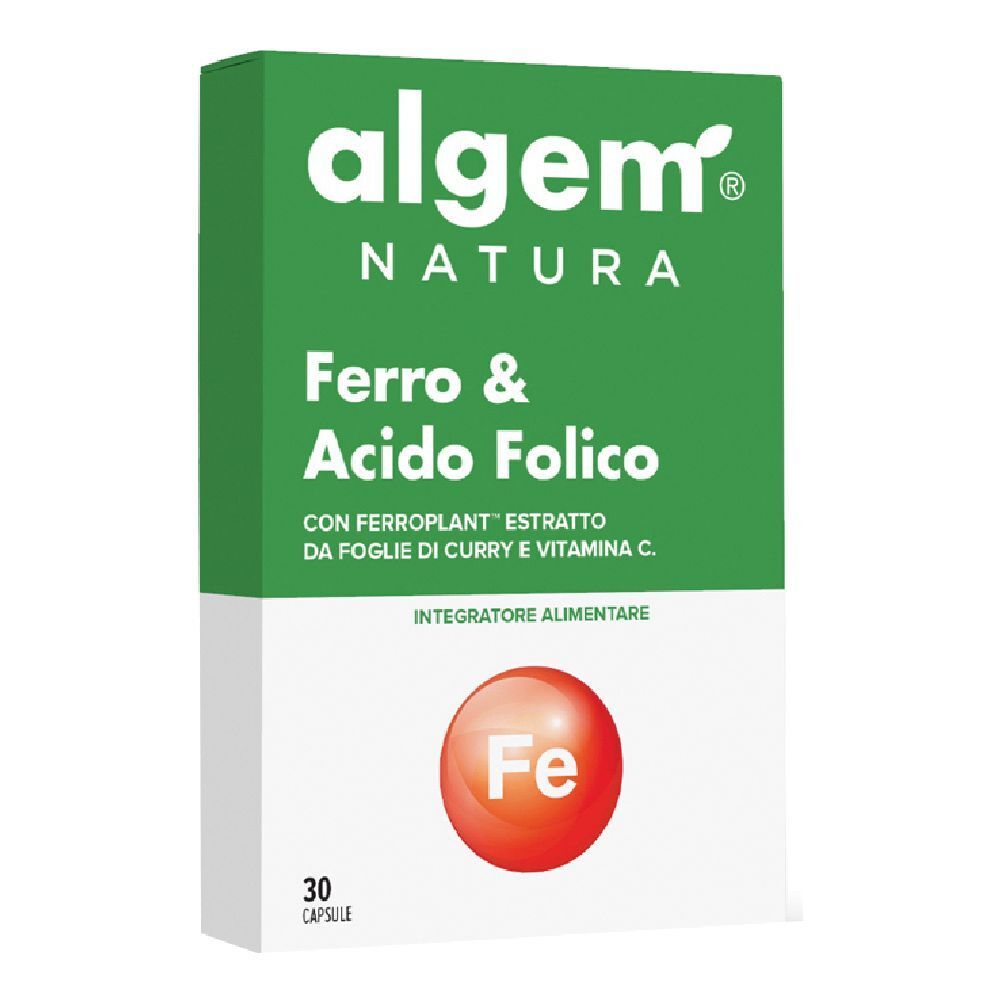 Scatola verde e bianca "algem NATURA Ferro & Acido Folico". Contiene 30 capsule. Cerchio rosso con "Fe".