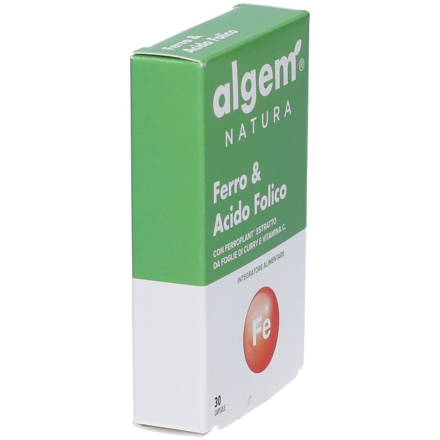 Scatola "algem NATURA Ferro & Acido Folico". Confezione verde e bianca. 30 capsule. Vegano e senza glutine.