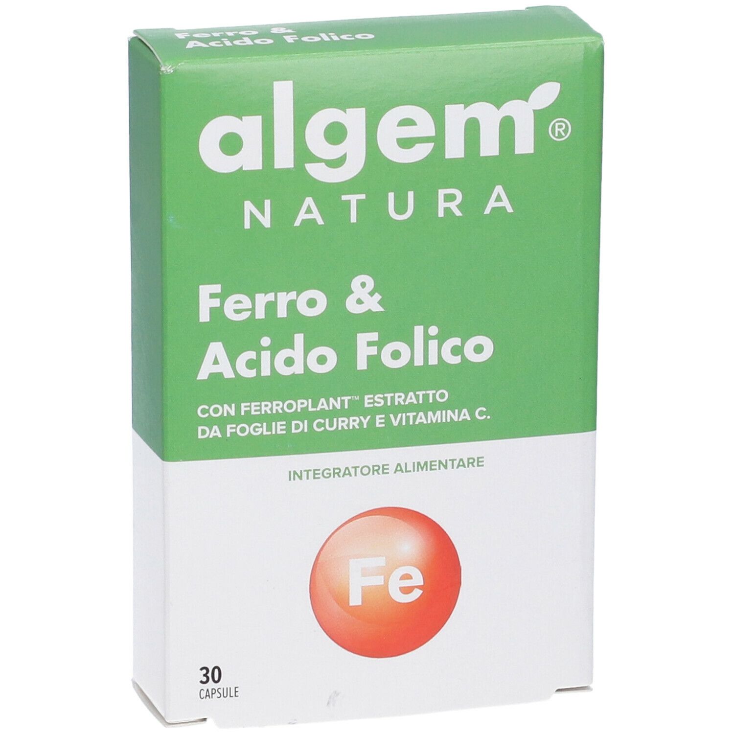 Scatola verde e bianca "algem NATURA Ferro & Acido Folico". Contiene 30 capsule. Cerchio rosso con "Fe".