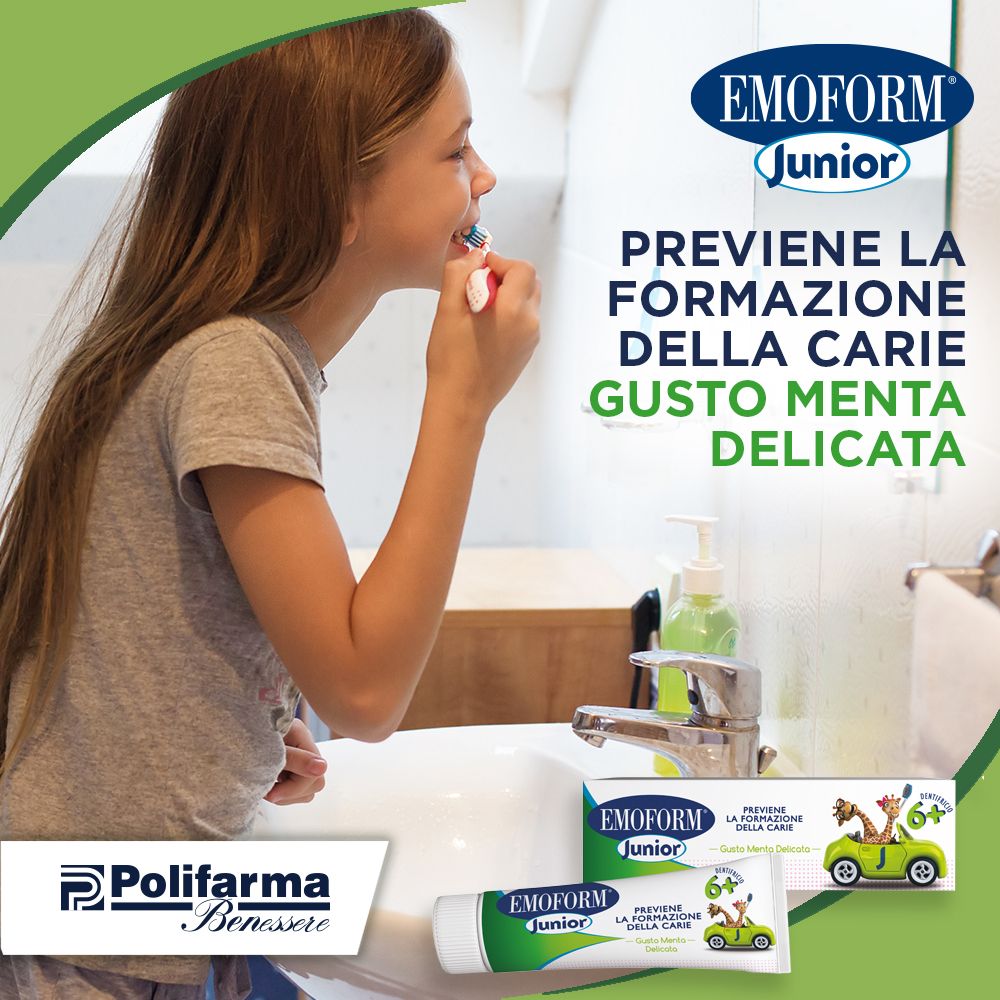 EMOFORM Junior Zahnpasta-Tube und Kartonverpackung mit Giraffenmotiv.