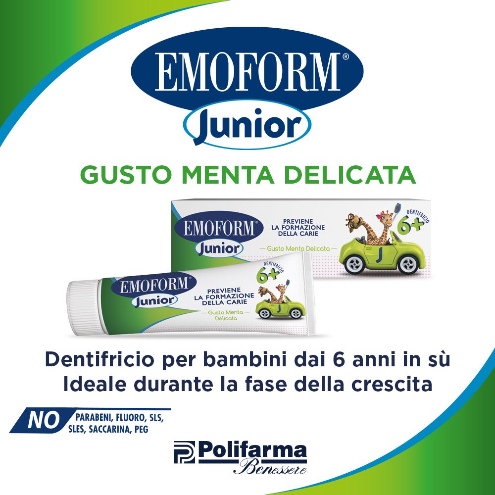 EMOFORM Junior Zahnpasta-Tube und Verpackung mit Giraffen im Auto, für Kinder ab 6 Jahren.