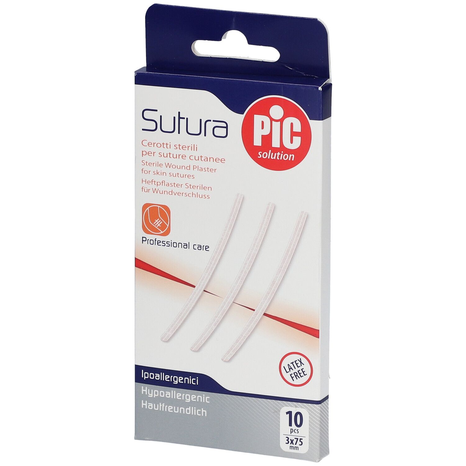 Verpackung mit 10 sterilen Wundverschluss-Pflastern. Enthält 3 x 75 mm Pflaster. Marke: PIC Solution. Latexfrei.