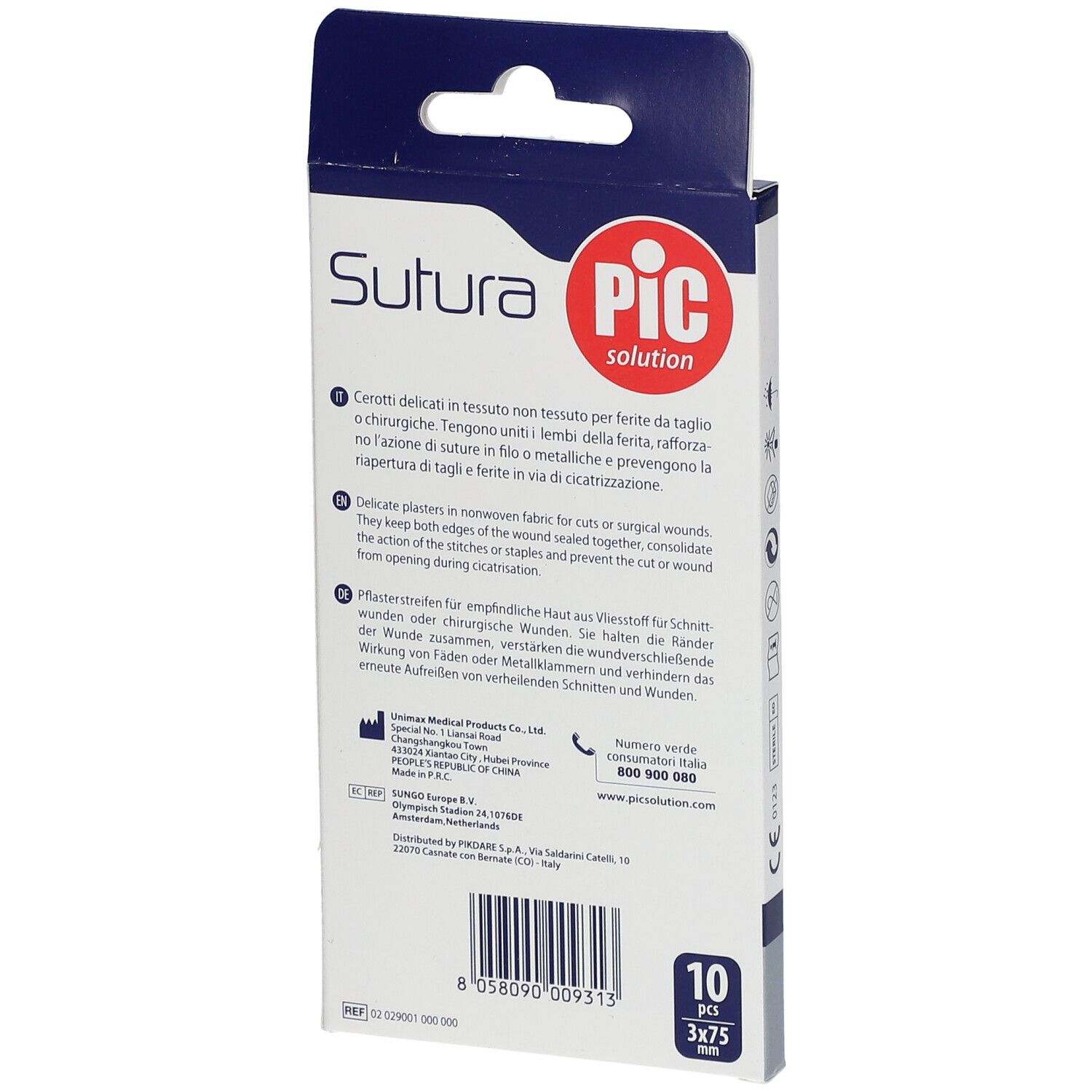 Verpackung mit 10 sterilen Wundverschluss-Pflastern. Enthält 3 x 75 mm Pflaster. Marke: PIC Solution. Latexfrei.