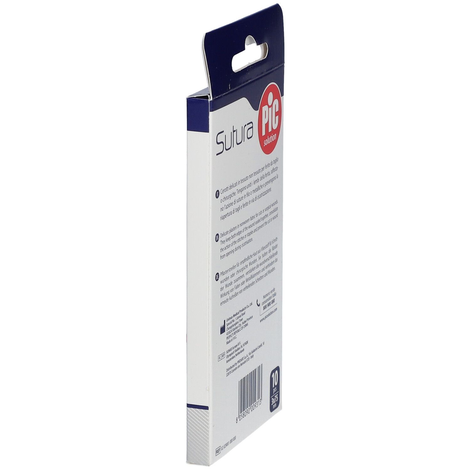 Rückseite der Verpackung mit Produktinformationen. Enthält 10 Pflaster, 3x75mm. Marke: PIC Solution.