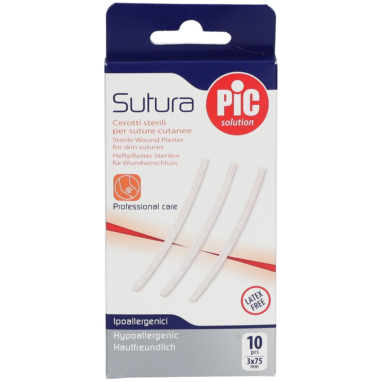 Seitenansicht der Verpackung mit Produktinformationen. Enthält 10 Pflaster, 3x75mm. Marke: PIC Solution.