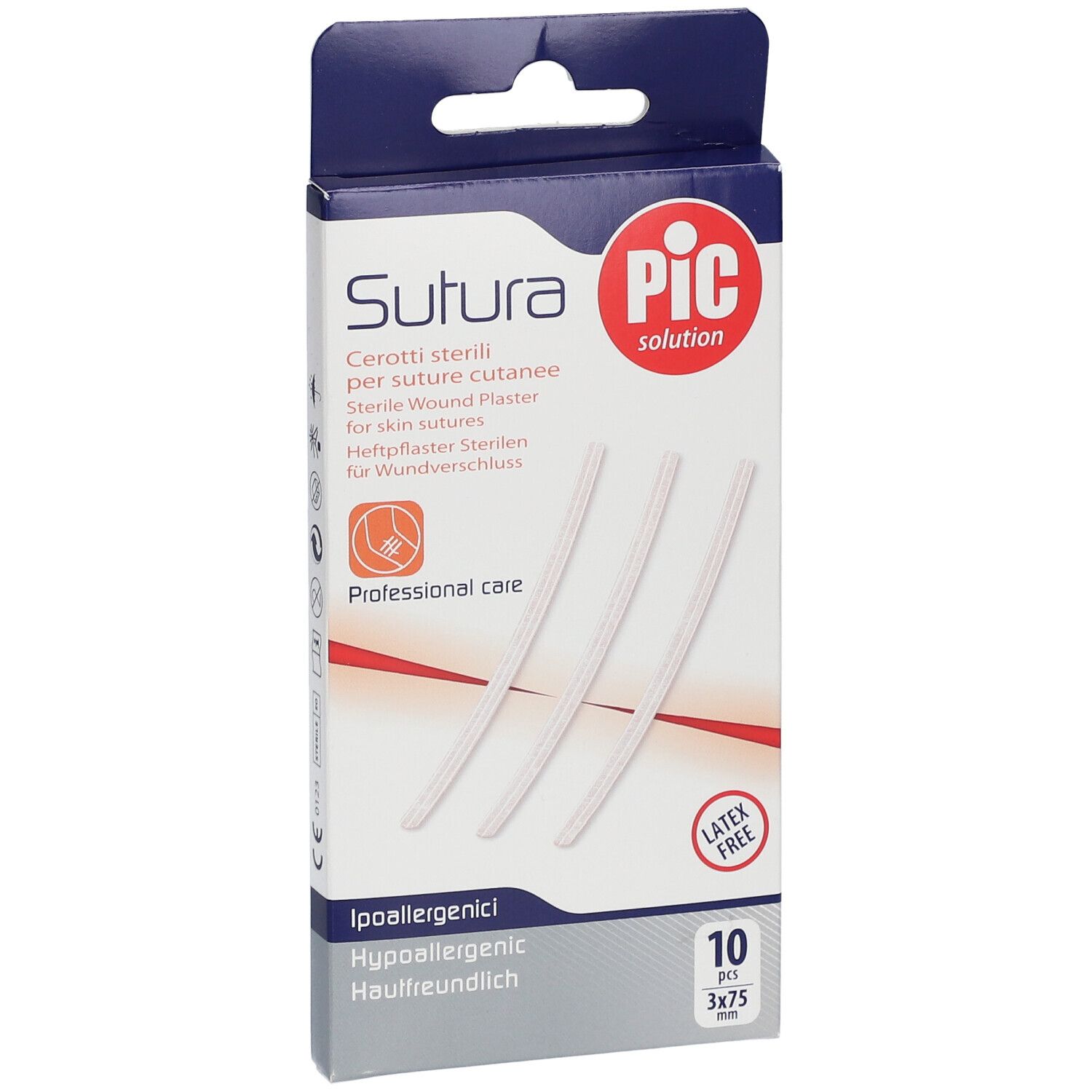 Verpackung mit 10 sterilen Wundverschluss-Pflastern. Enthält 3 x 75 mm Pflaster. Marke: PIC Solution. Latexfrei.